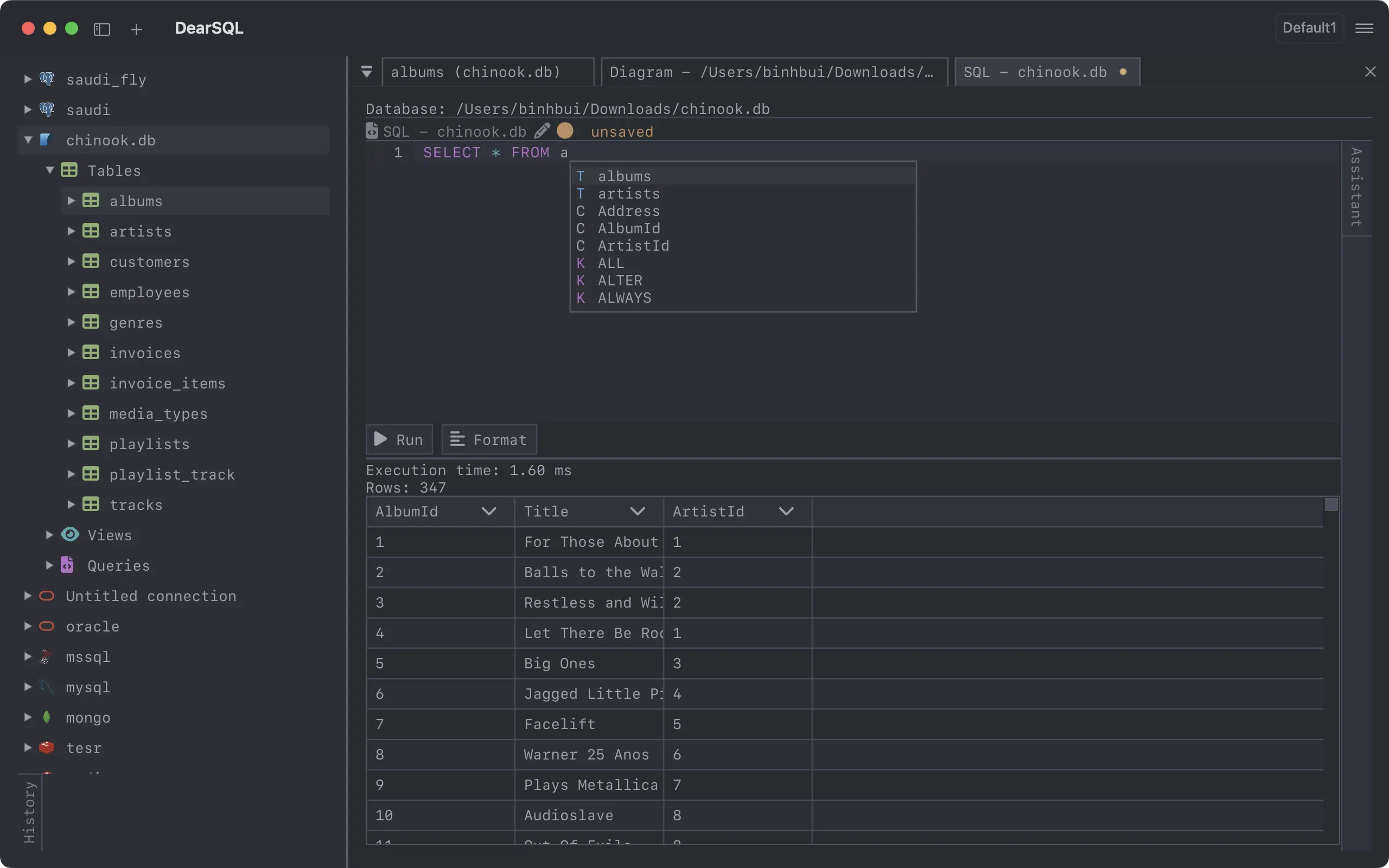 DearSQL SQL client on macOS — PostgreSQL schema browser